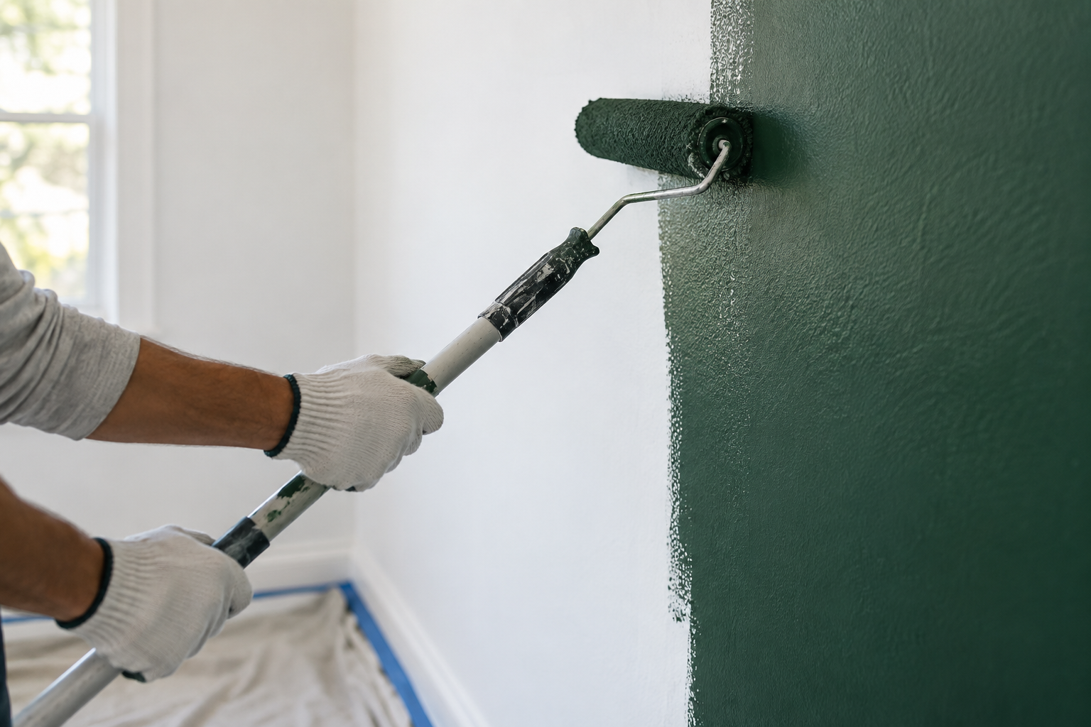 Gloved hands guide a roller over a green accent wall during a painting job.